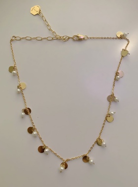 法国巴黎设计师原创小众天然珍珠流苏圆片可调叠戴锁骨链项链