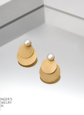 jinger法国巴黎设计师原创小众天然珍珠金色双层圆片耳钉耳环