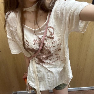 上衣 美式 辣妹破洞小众个性 废土风蝴蝶印花宽松显瘦短袖 T恤女夏季