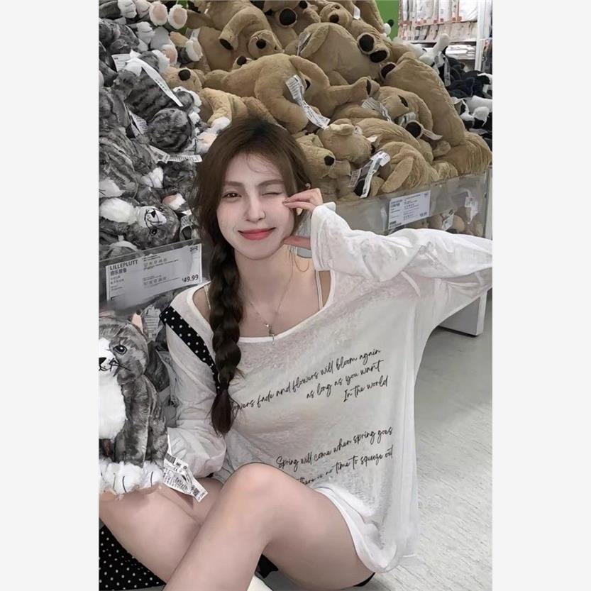 辣妹薄款两件套装慵懒风长袖T恤女夏季宽松防晒罩衫上衣吊带背心,