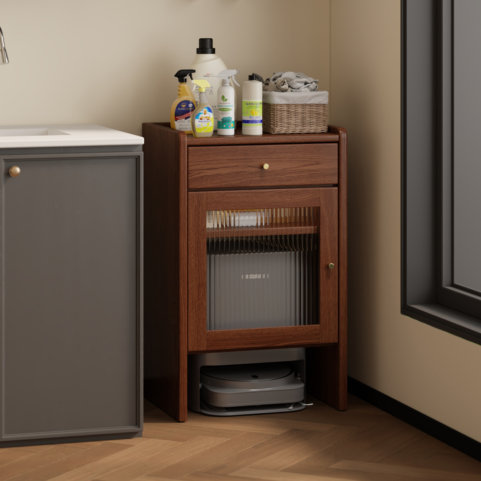 扫地机器人柜基站收纳实木客厅阳台遮挡专用可移动置物边柜隐藏柜