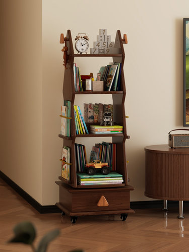 旋转书架360度实木书架儿童可移动客厅存储图画书存储货架地板站