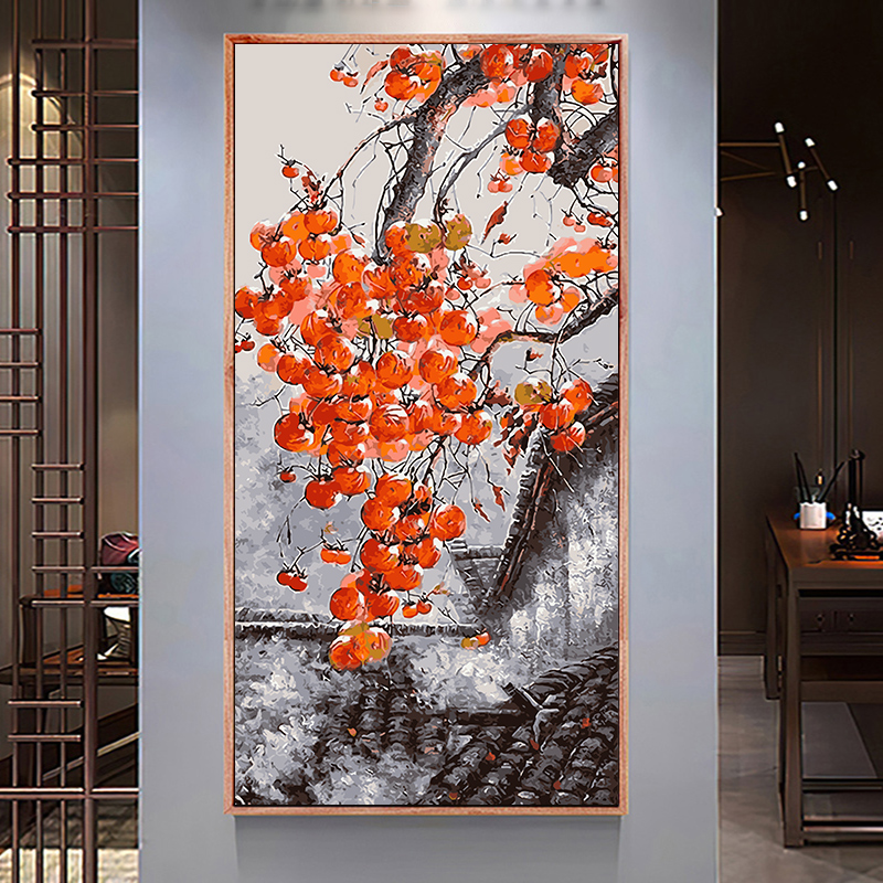 数字油画填色diy油画中国风柿事事如意客厅大尺寸竖版手绘装饰画图片