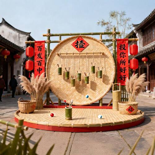 新中式竹架美陈中秋国庆打卡背景古风投壶游戏秋日发光月亮布景