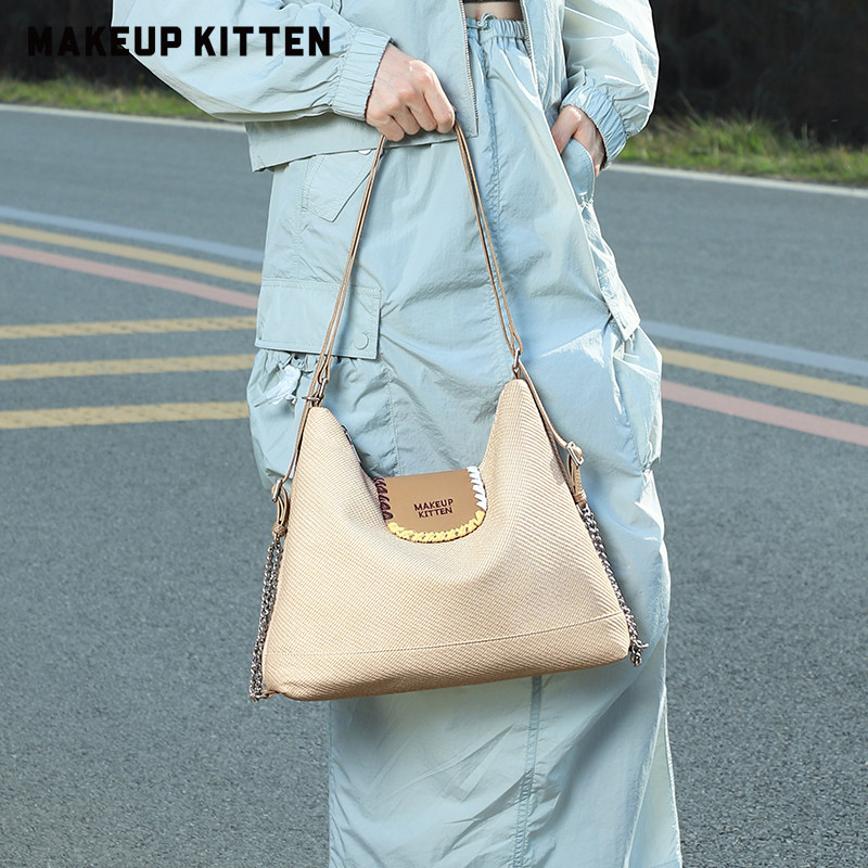 MAKEUP KITTEN编织托特包女款2025秋天仿帆布慵懒风可调节双肩包