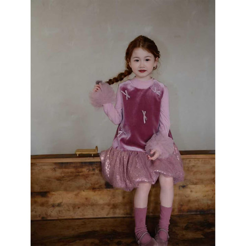 女童秋冬套装儿童法式生日礼服连衣裙加绒加厚背心裙迪士尼公主裙