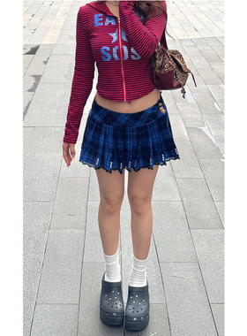 美式辣妹蓝色格纹半身裙女冬季新款时尚修身显瘦蕾丝铆钉百褶短裙