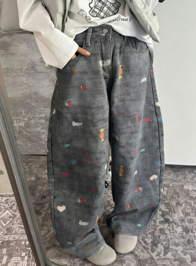 美式复古卡通刺绣印花牛仔裤女春秋新款松弛感百搭宽松直筒阔腿裤
