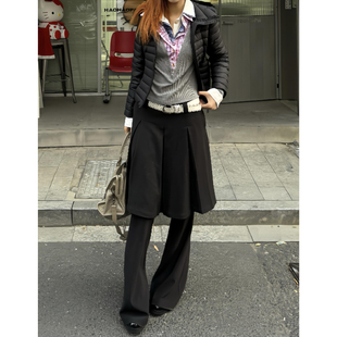 微喇裤 美式 小众宽松垂感休闲裙裤 子女冬新款 复古百褶裙拼接黑色裤