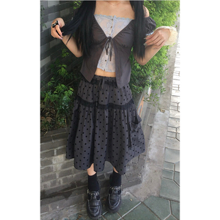 韩系复古灰色波点口袋半身裙女春秋新款街头时尚修身显瘦中长裙子