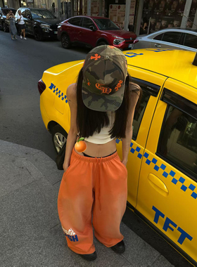 美式复古橙色休闲裤女2025年秋季新款印花高街时尚宽松弯刀阔腿裤