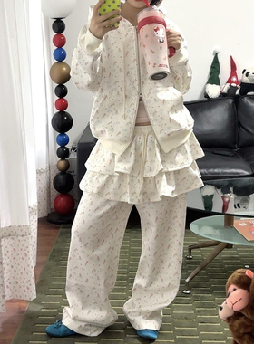 美式复古满印兔子休闲裙裤子女秋冬2025新款宽松抽绳小众阔腿卫裤