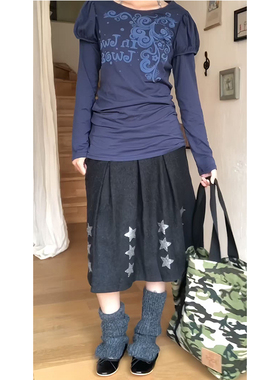 美式复古星星印花秋冬黑色半身裙2025新款小众宽松显瘦百褶中长裙