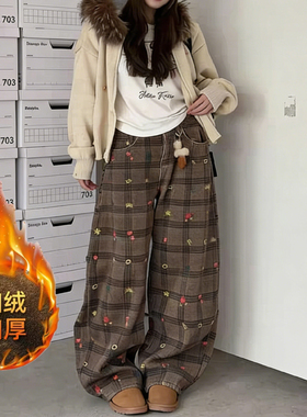 美式复古花朵格纹加绒牛仔裤女冬装新款百搭宽松慵懒风高腰阔腿裤