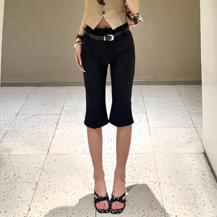 美式复古黑色低腰古早五分裤女夏季辣妹卡普里裤直筒修身微喇中裤