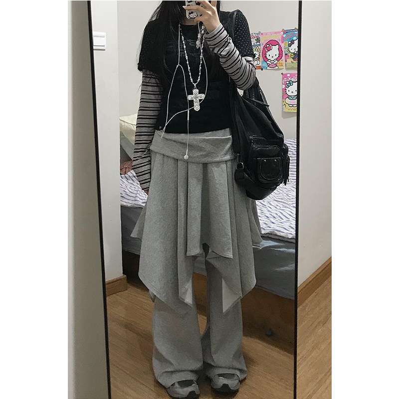 韩系慵懒设计感灰色不规则屁帘拼接裙裤冬季时尚修身显瘦休闲长裤