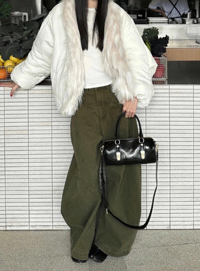 美式复古做旧军绿色直筒牛仔裤女春秋新款松弛感时髦宽松阔腿裤子