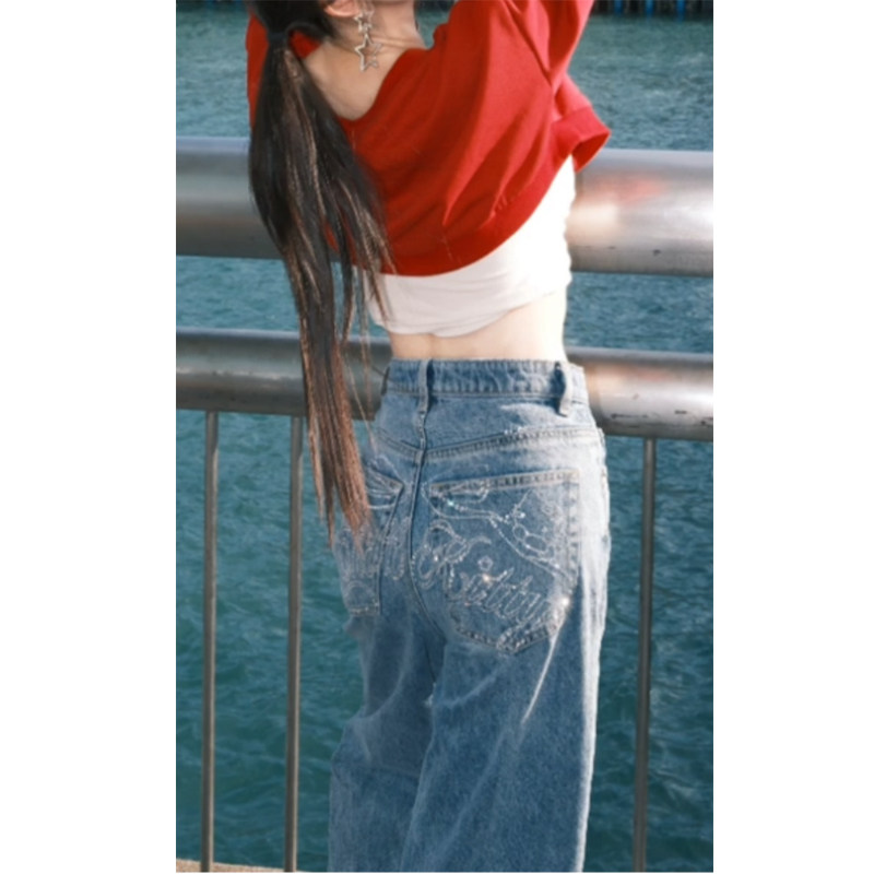 美式复古蓝色烫钻牛仔裤女街头辣妹时尚流行低腰显瘦直筒长裤子潮,女装/女士精品,牛仔裤,淘宝优惠券,粉丝福利购,淘宝优惠卷