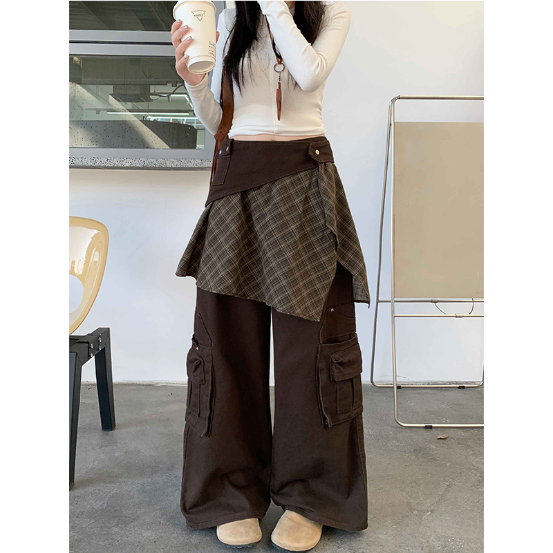 复古棕色格纹屁帘牛仔裙裤