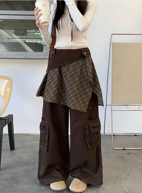 美式小众棕色格纹可拆卸屁帘拼接牛仔裙裤秋冬街头时尚宽松微喇裤