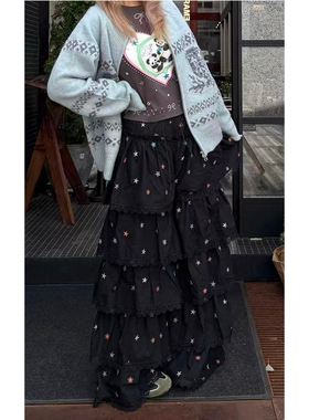 韩系小众印花蕾丝拼接蛋糕裙裤冬季街头时尚层次设计感黑色阔腿裤
