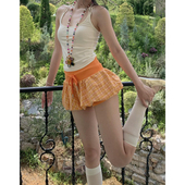 美式 复古橘色格纹拼接花苞短裙女春夏新款 辣妹低腰抽绳时髦裙子潮