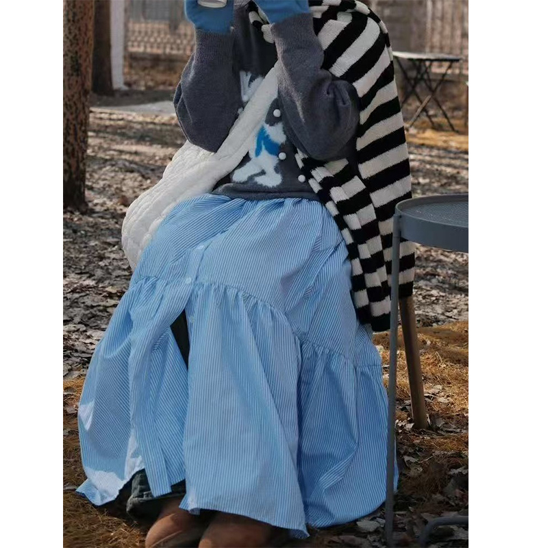 美式复古蓝色排扣条纹蛋糕裙女