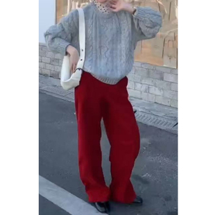 韩系慵懒红色灯芯绒休闲裤女冬季新款街头设计感时尚流行直筒裤子