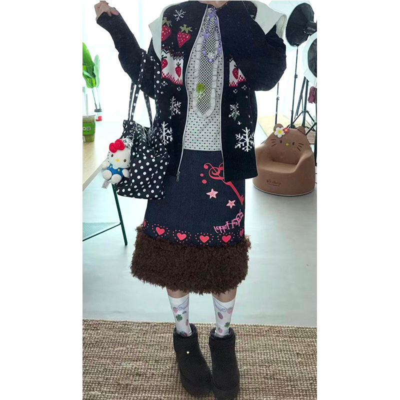 韩系甜美可爱毛绒拼接秋冬半身裙