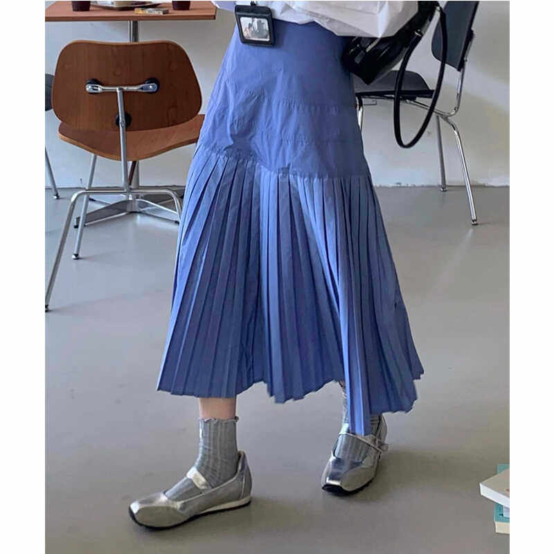 韩系蓝色百褶裙女春夏新款甜辣妹高级感休闲通勤中长款a字半身裙