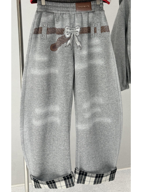 美式复古格纹拼接休闲裤女冬新款小众印花宽松慵懒风高腰阔腿裤子