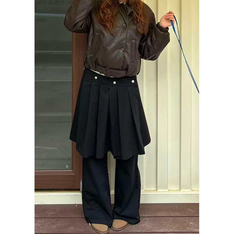 美式复古黑色柳钉拼接假两件裙裤秋冬辣妹时尚修身显瘦休闲长裤子