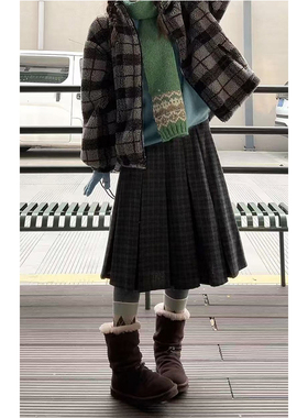 韩系复古棕绿色格纹百褶半身裙女冬季慵懒松弛感修身显瘦中长裙子