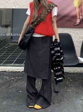 美式复古可拆卸屁帘黑色休闲裙裤女冬新款小众时尚松弛感宽松裤子