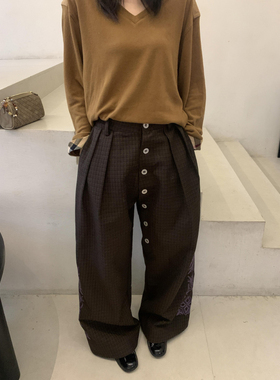 美式复古千鸟格提花阔腿西装裤女2026春秋新款街头设计感宽松裤子