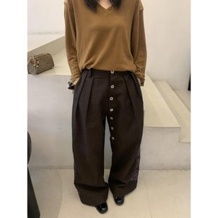 美式复古千鸟格提花阔腿西装裤女2026春秋新款街头设计感宽松裤子