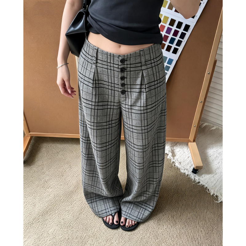 灰色毛呢格纹休闲裤子女2026秋季慵懒松弛宽松拖地低腰西装长裤子