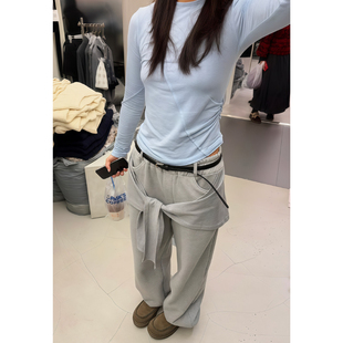 设计感阔腿裤 美式 小众宽松时尚 女冬新款 复古系带屁帘灰色休闲裙裤