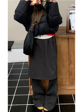 美式复古黑色屁帘假两件微喇裙裤女冬季慵懒松弛感宽松休闲长裤子