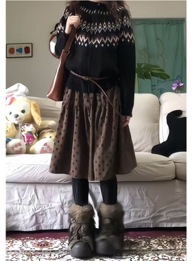 韩系棕色波点百褶半身裙女秋冬气质文艺时尚减龄高腰显瘦中长裙子