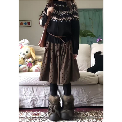 韩系棕色波点百褶半身裙