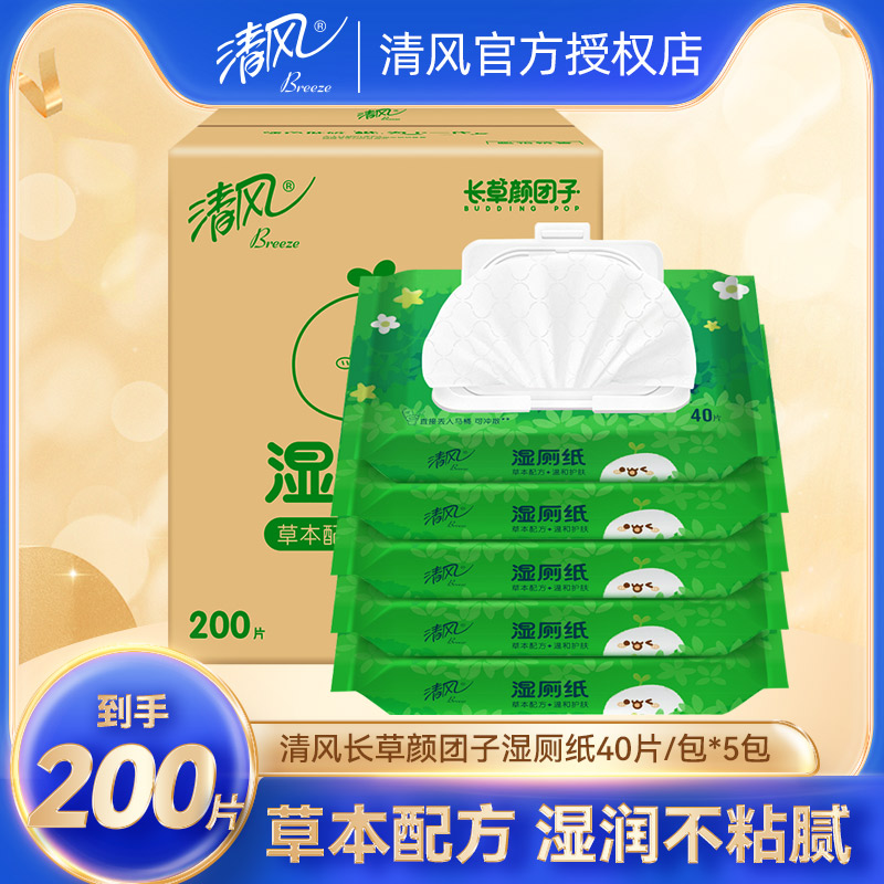 清风长草颜团子湿厕纸家庭实惠装擦屁屁40抽私处专用湿巾纸