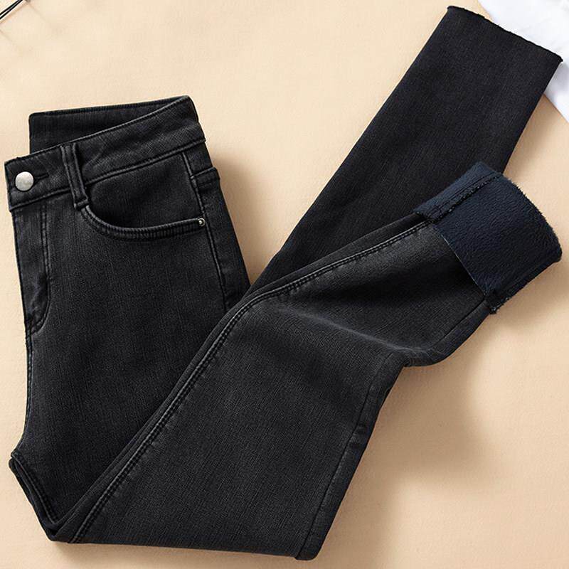 毛边加绒牛仔裤女冬季2024新款高腰弹力修身显瘦保暖紧身小脚裤女