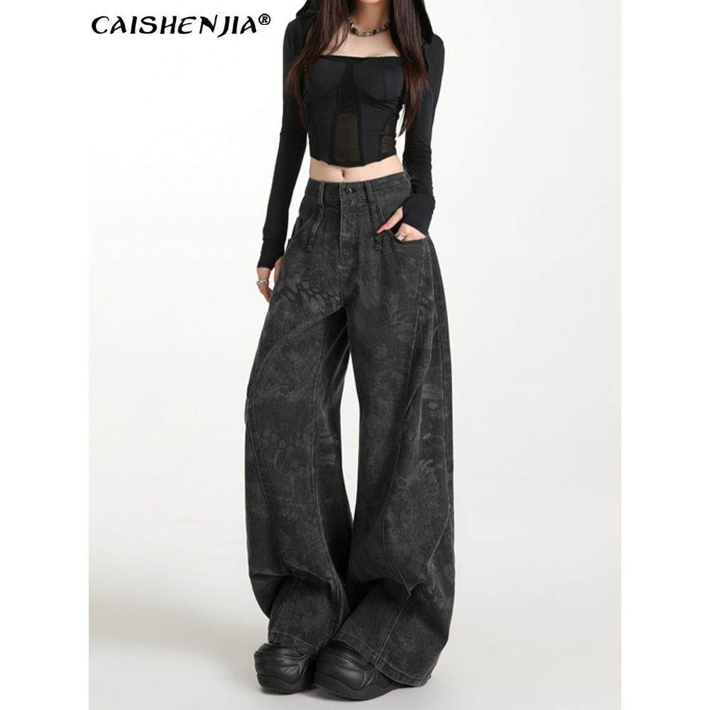 美式黑灰色印花阔腿牛仔裤女秋季新款小众设计感工装弯刀拖地裤子