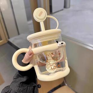 玻璃女杯家用马盖克奶fufu玻杯可爱耐热水杯生管吸带勺办公室早餐