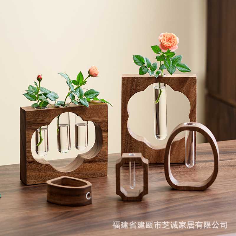胡桃木实木水培花器桌面摆件迷你玻璃植物插花器花瓶家居玻璃花插
