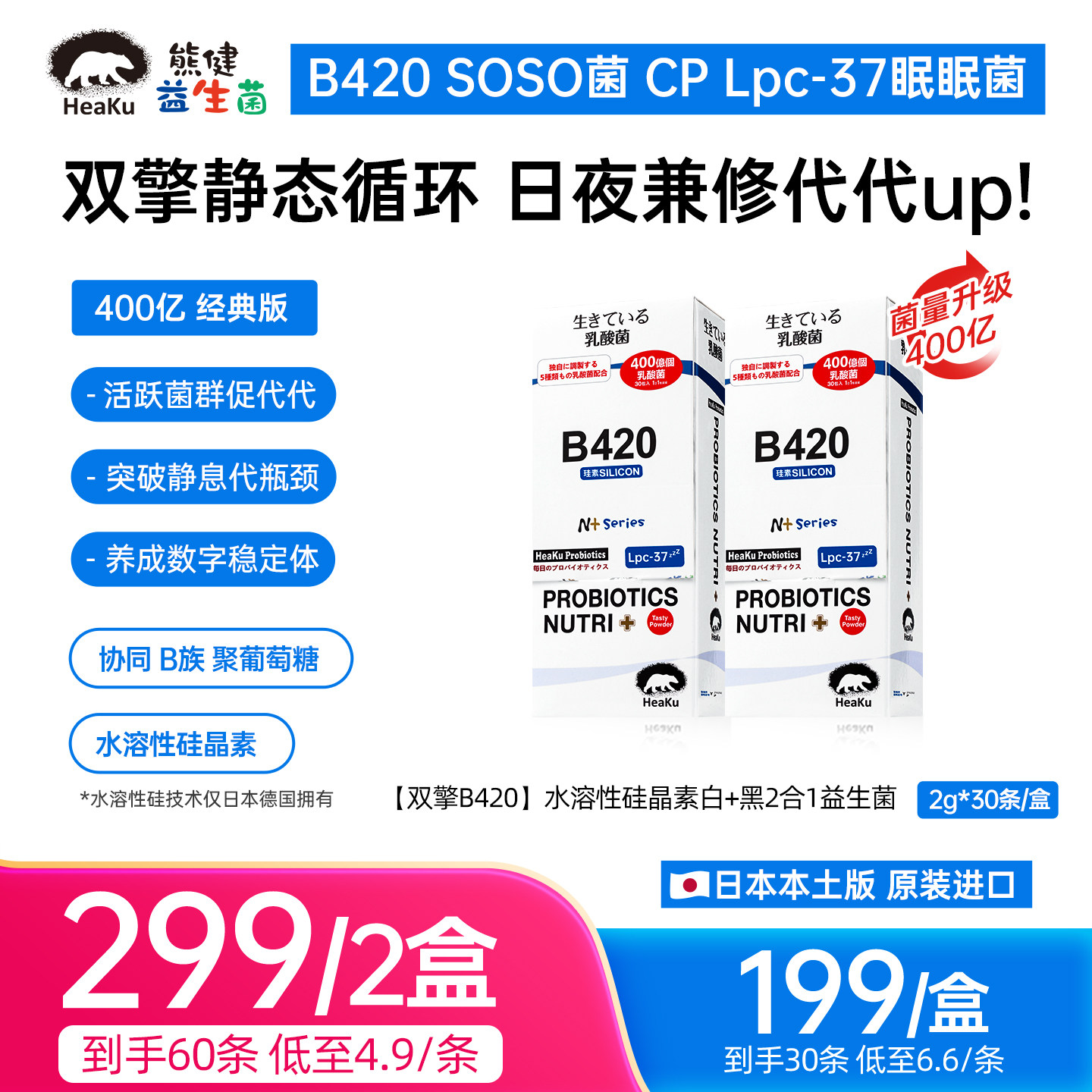 HeaKu(熊健)【双擎B420】水溶性硅晶素代代数字管理成人益生菌
