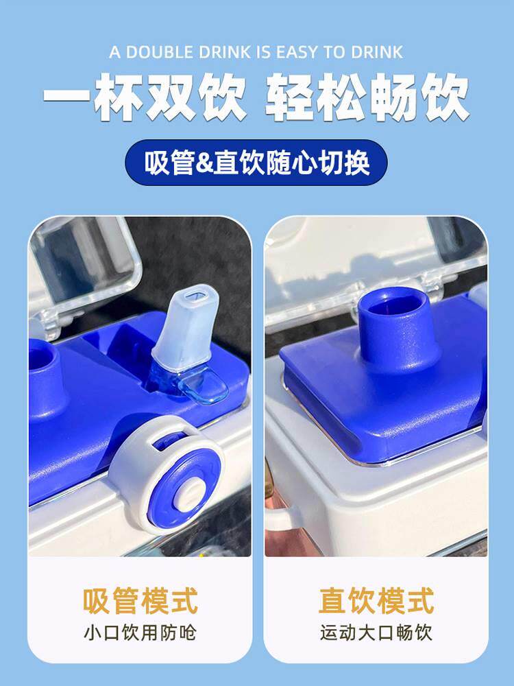 方扁形水杯女高10070萌颜值塑料网管红吸杯子平便携生学生男双饮