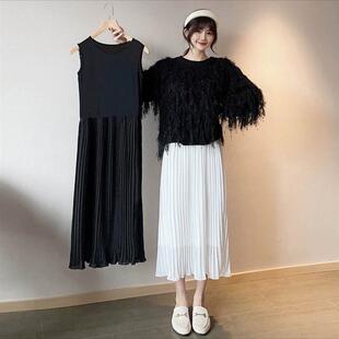 百褶背心连衣裙雪纺百搭显瘦2024秋冬两穿风琴褶拼接女无袖打底裙