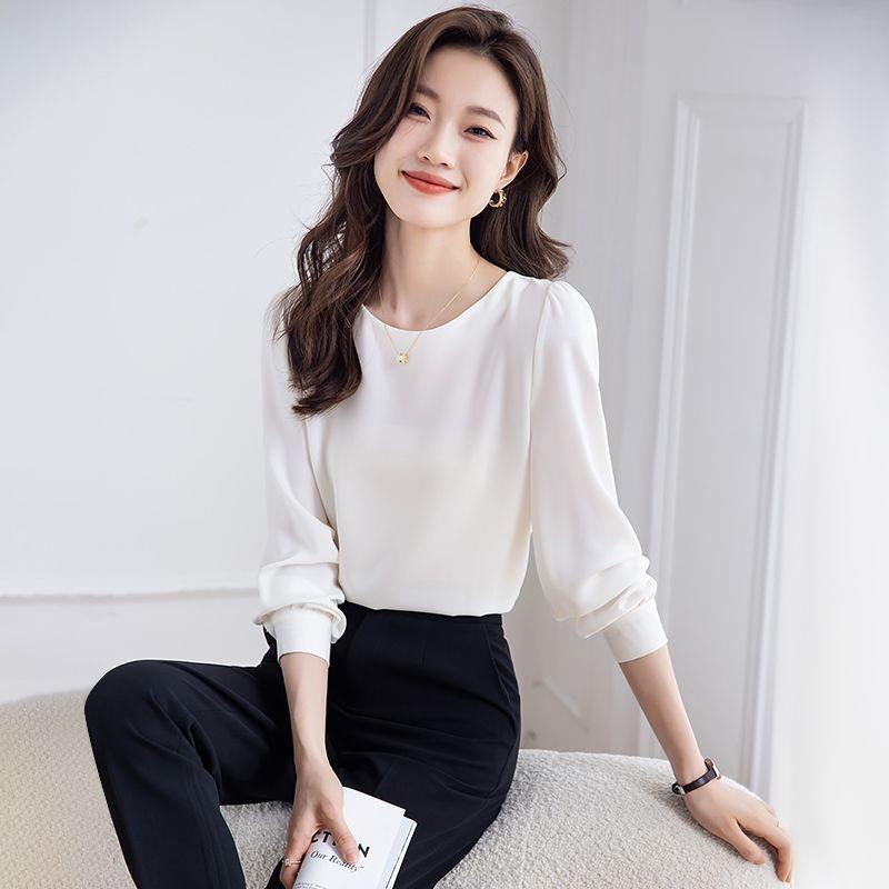 白色圆领雪纺职业衬衫女春秋2025新款内搭打底女士感衬衣上衣设计